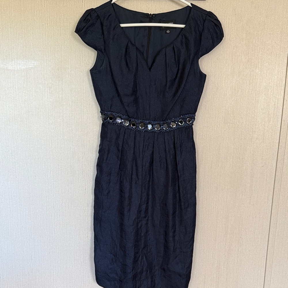 Adrianna Papell Navy Dress with Jeweled Waist